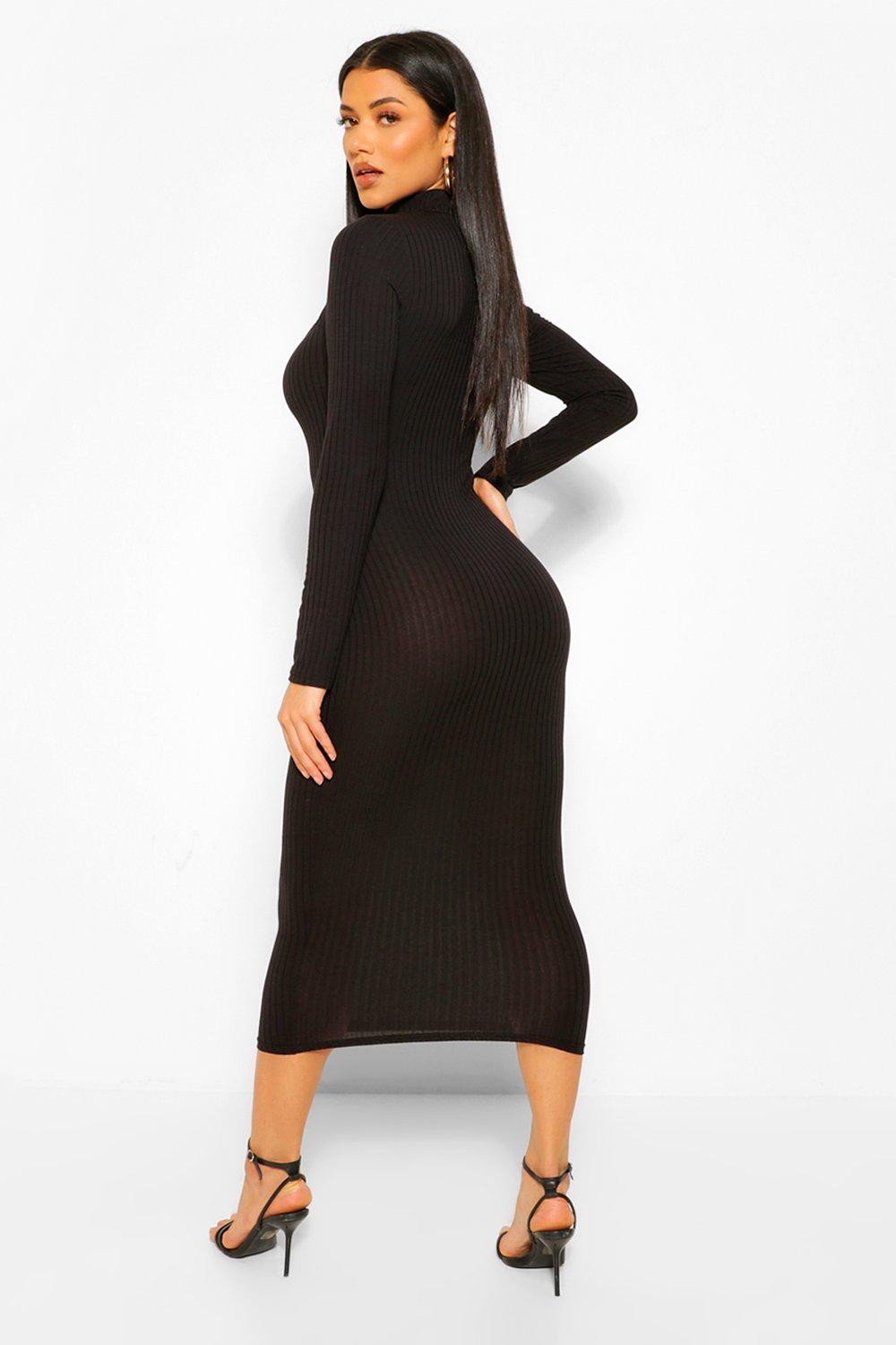 Rib Cut Out Long Sleeve Midi Dress boohoo UK