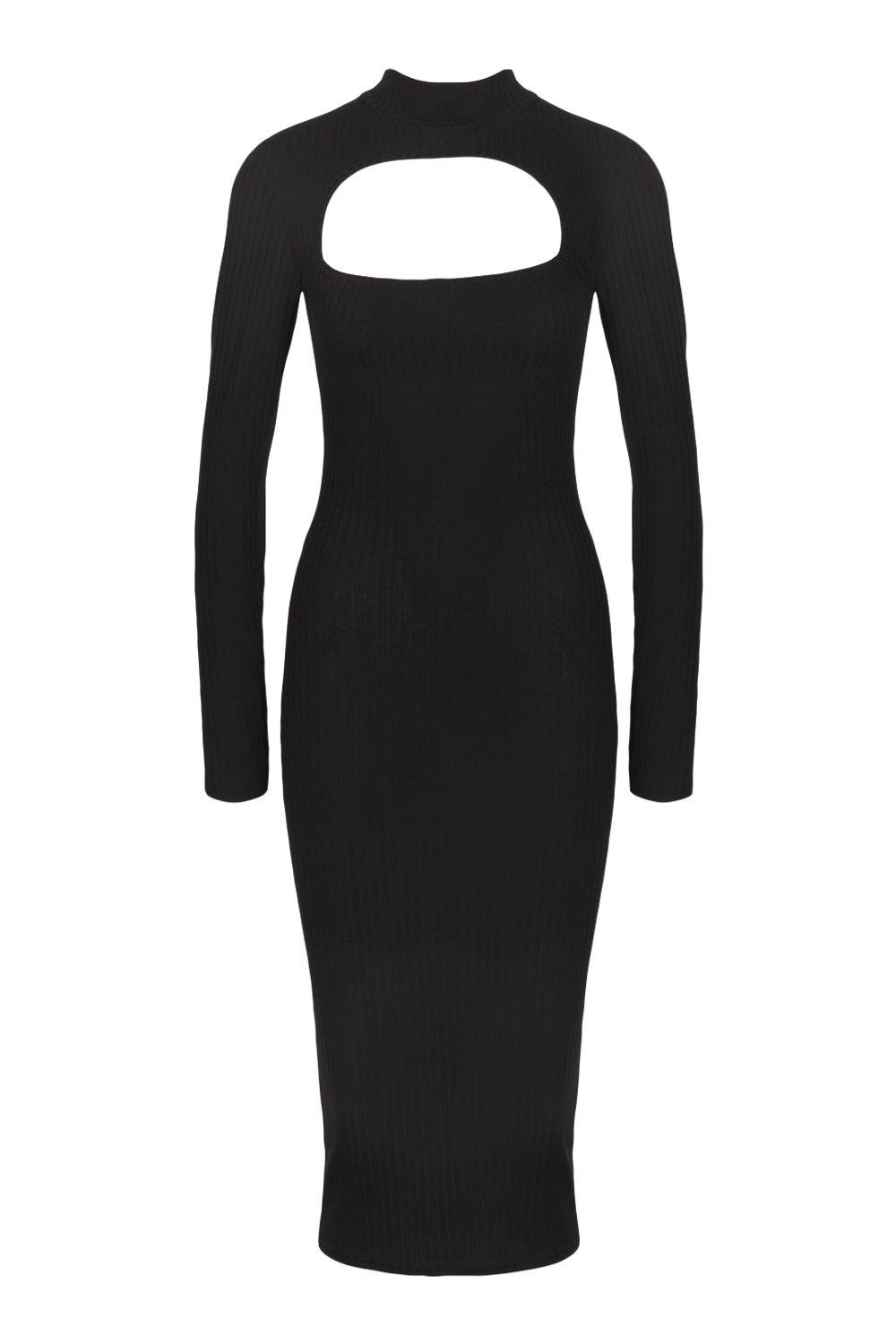 Rib Cut Out Long Sleeve Midi Dress | boohoo
