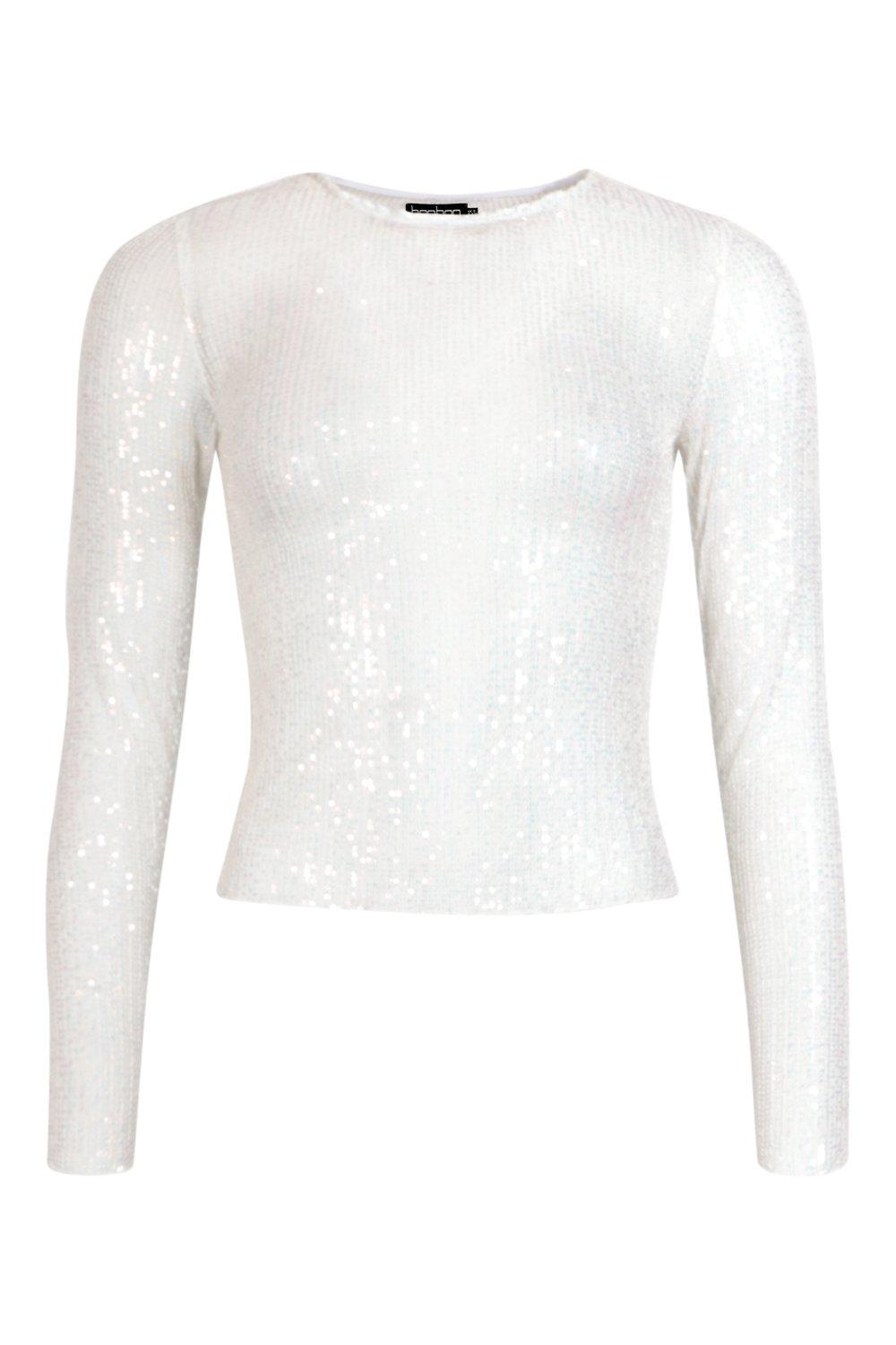 White sequin long sleeve 2024 top