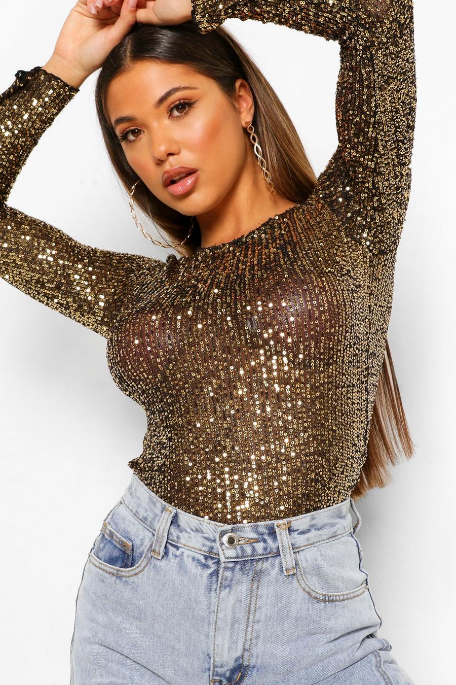 Long Sleeve Top mit Pailletten, Gold image number 1