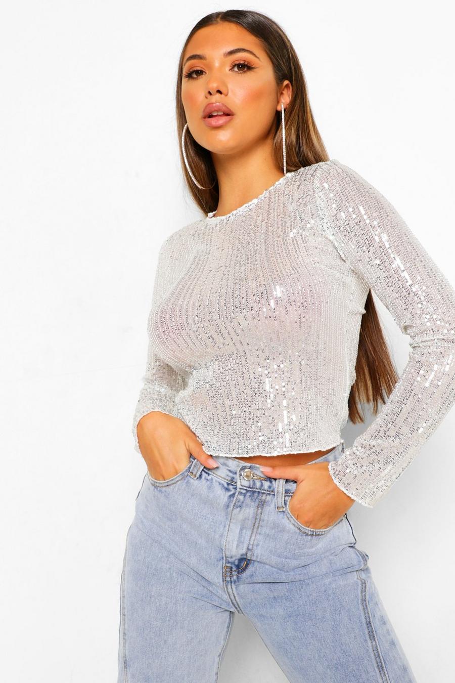 Long Sleeve Top mit Pailletten, Silber image number 1
