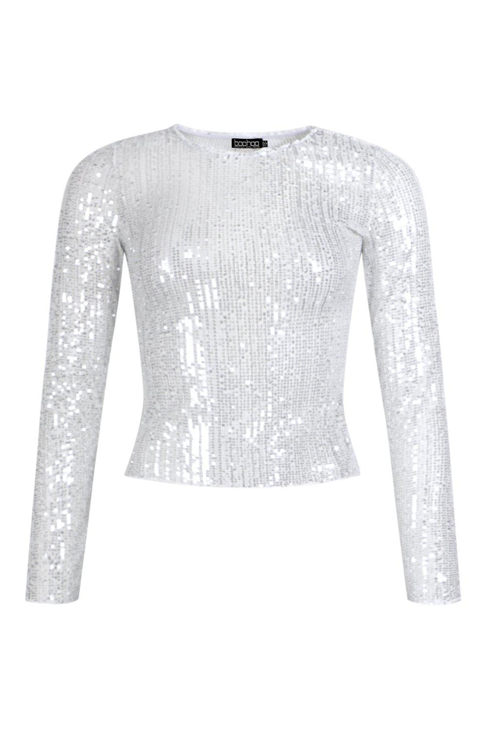 white sequin long sleeve top