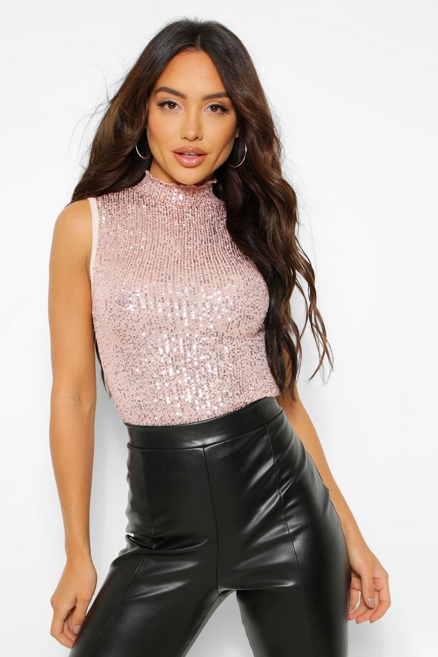 Nude Sequin High Neck Sleeveless Top image number 1