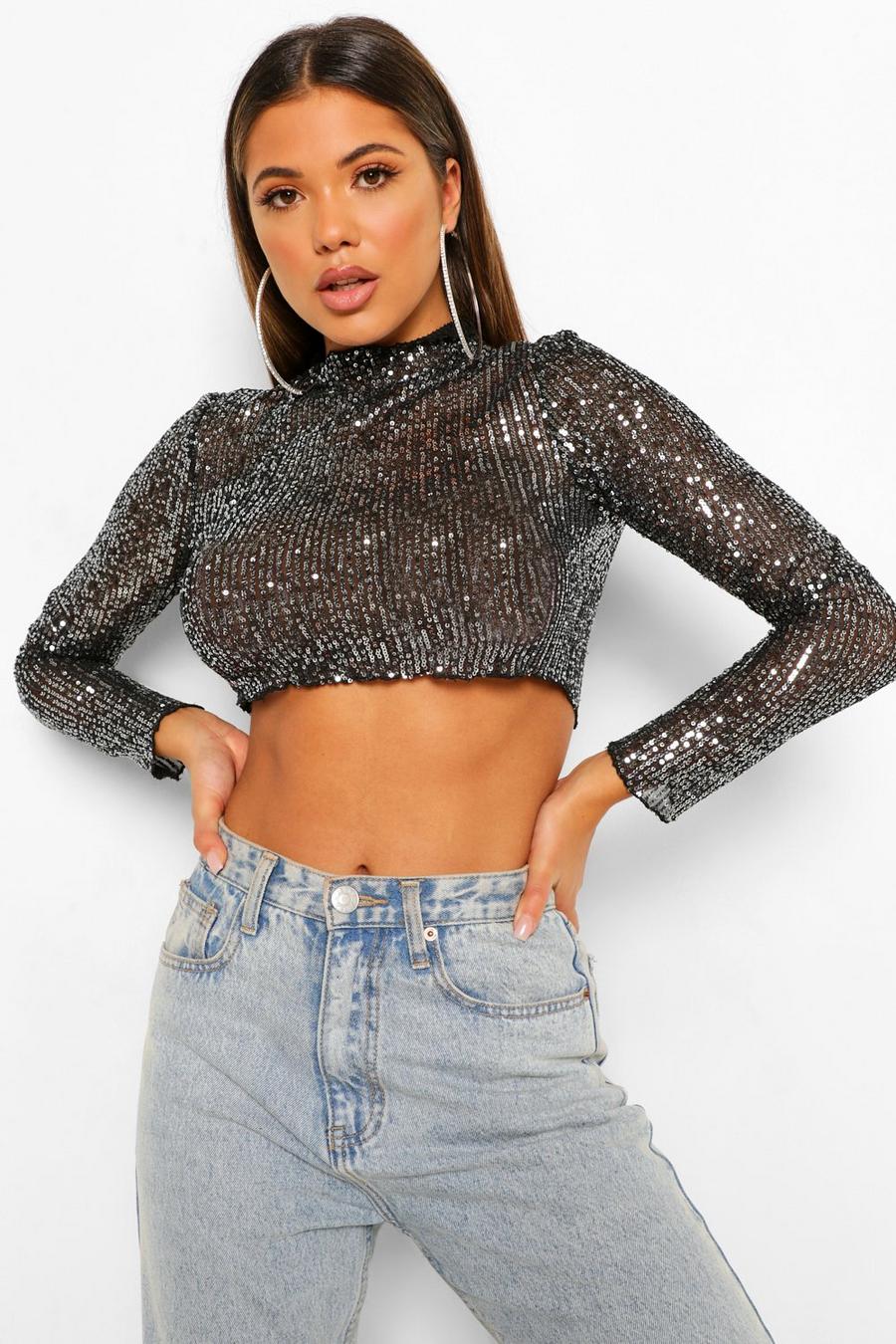 Black Sequin High Neck Long Sleeve Crop Top image number 1