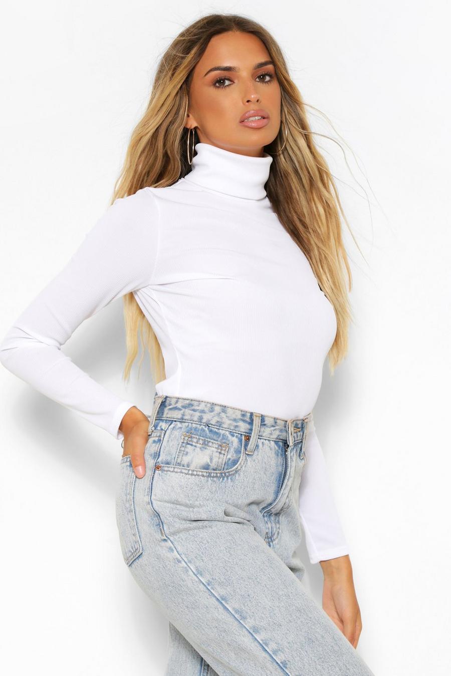 White Rib Long Sleeved Turtle Neck Top image number 1