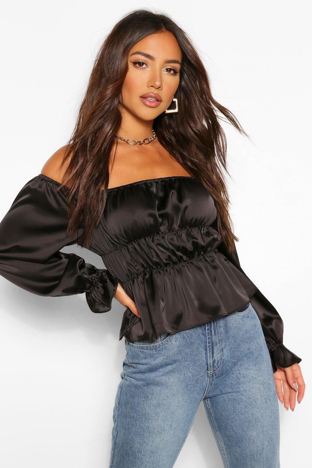 black satin off shoulder top