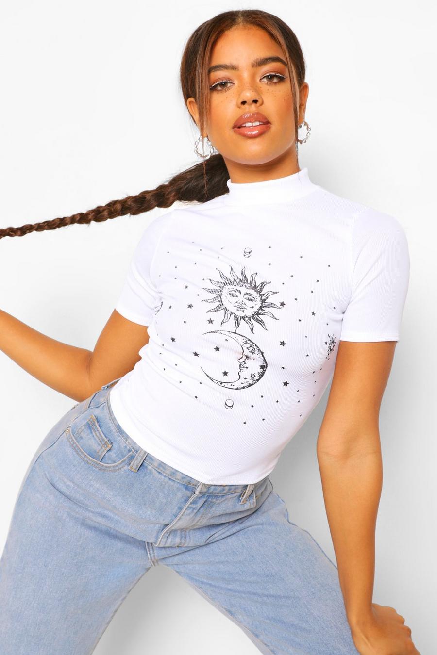 White Celestial Print Ribbed High Neck Top image number 1