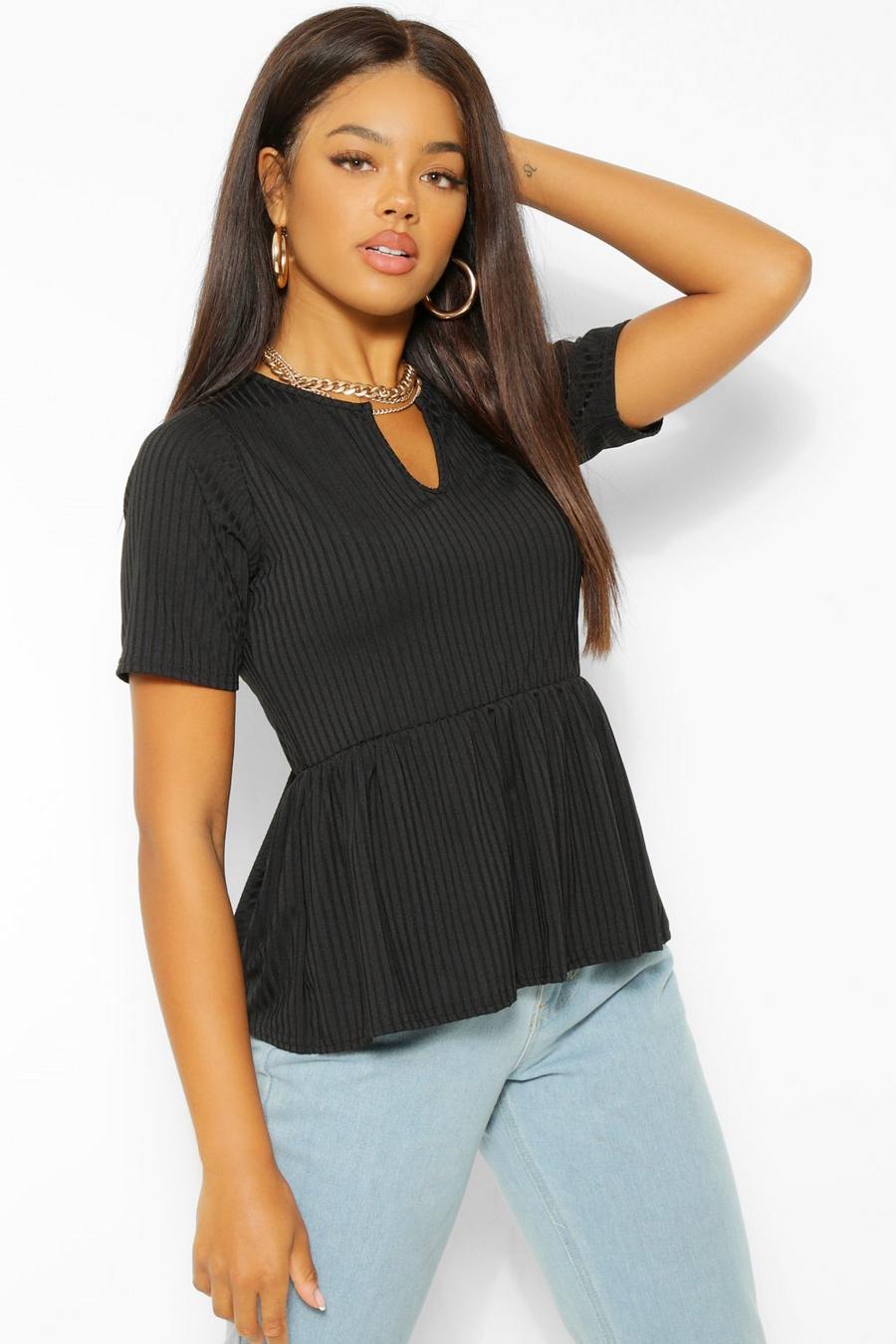 Black Ribbed Notch Front Peplum Top image number 1