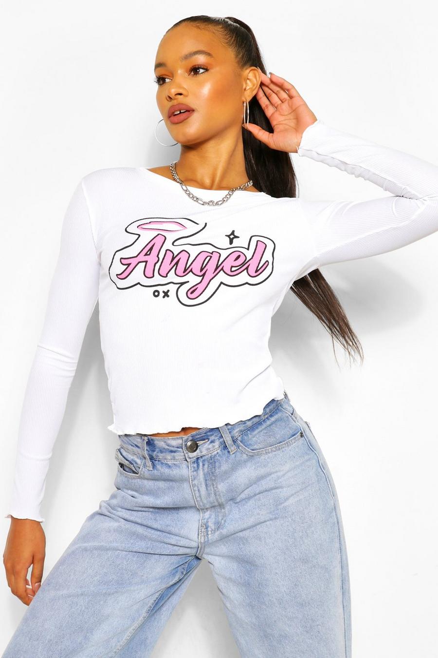 White Angel Print Ribbed Lettuce Frill Top image number 1
