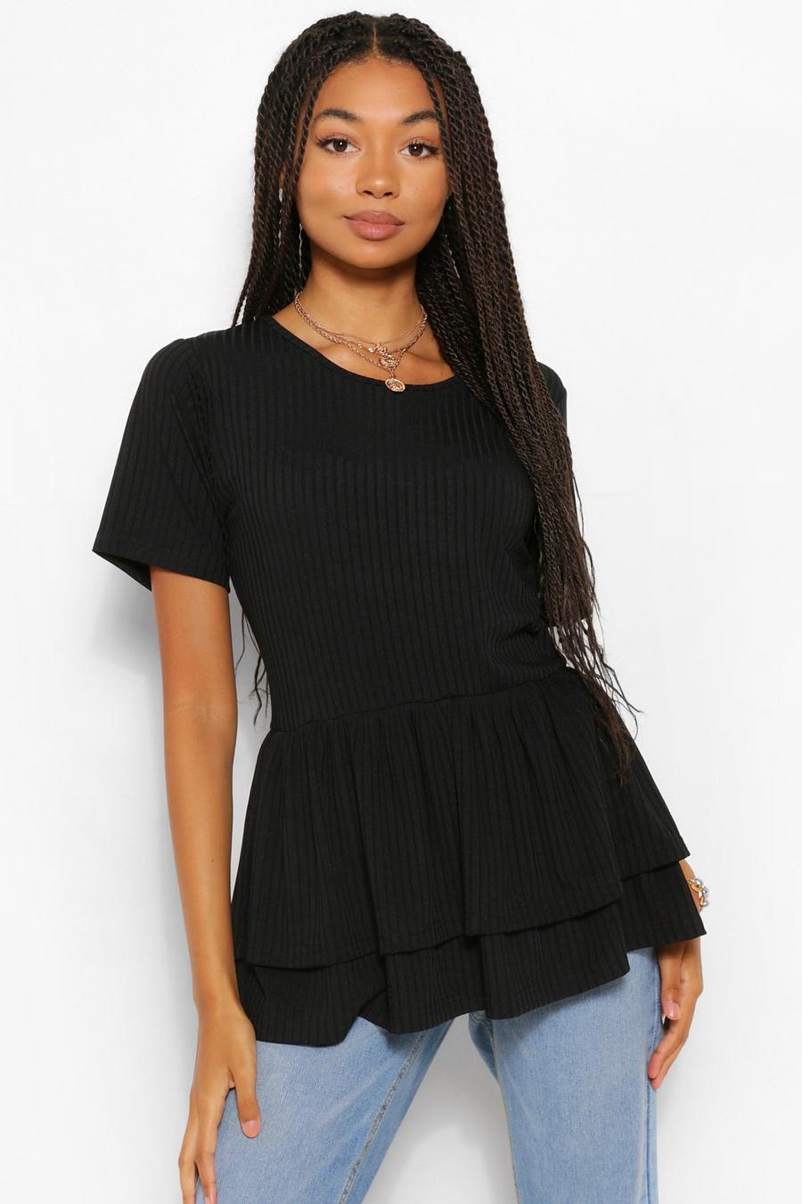 Black Double Frill Ribbed Smock Top image number 1