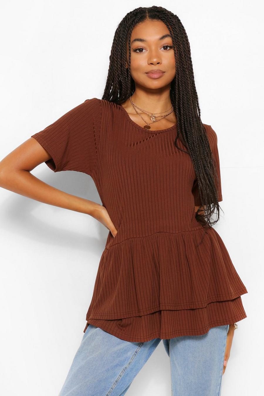 Chocolate Double Frill Ribbed Smock Top image number 1