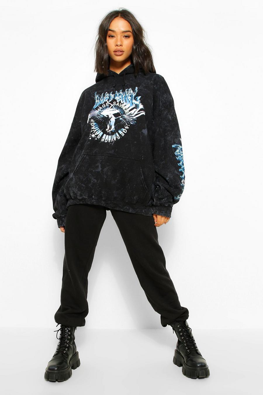 Extremt oversize hoodie med stentvättad effekt och slogan image number 1