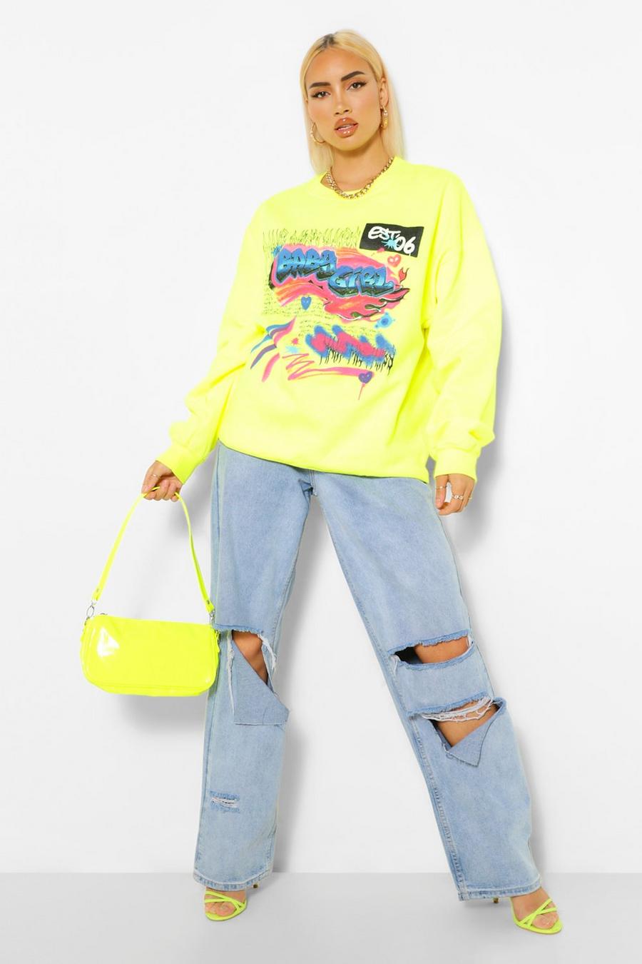Lime Oversize sweatshirt med graffititryck image number 1
