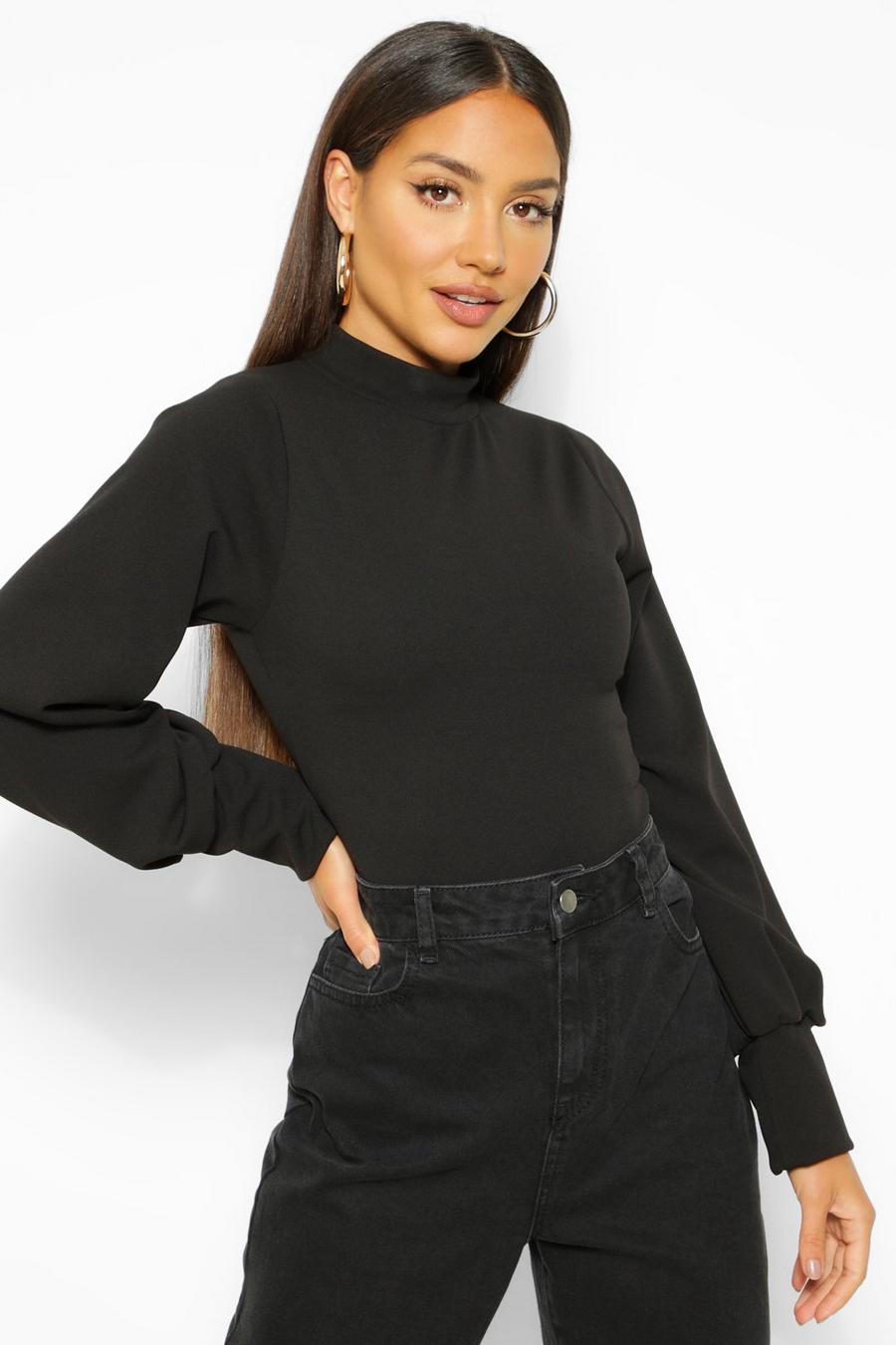 Black Crepe High Neck Oversized Sleeve Top image number 1