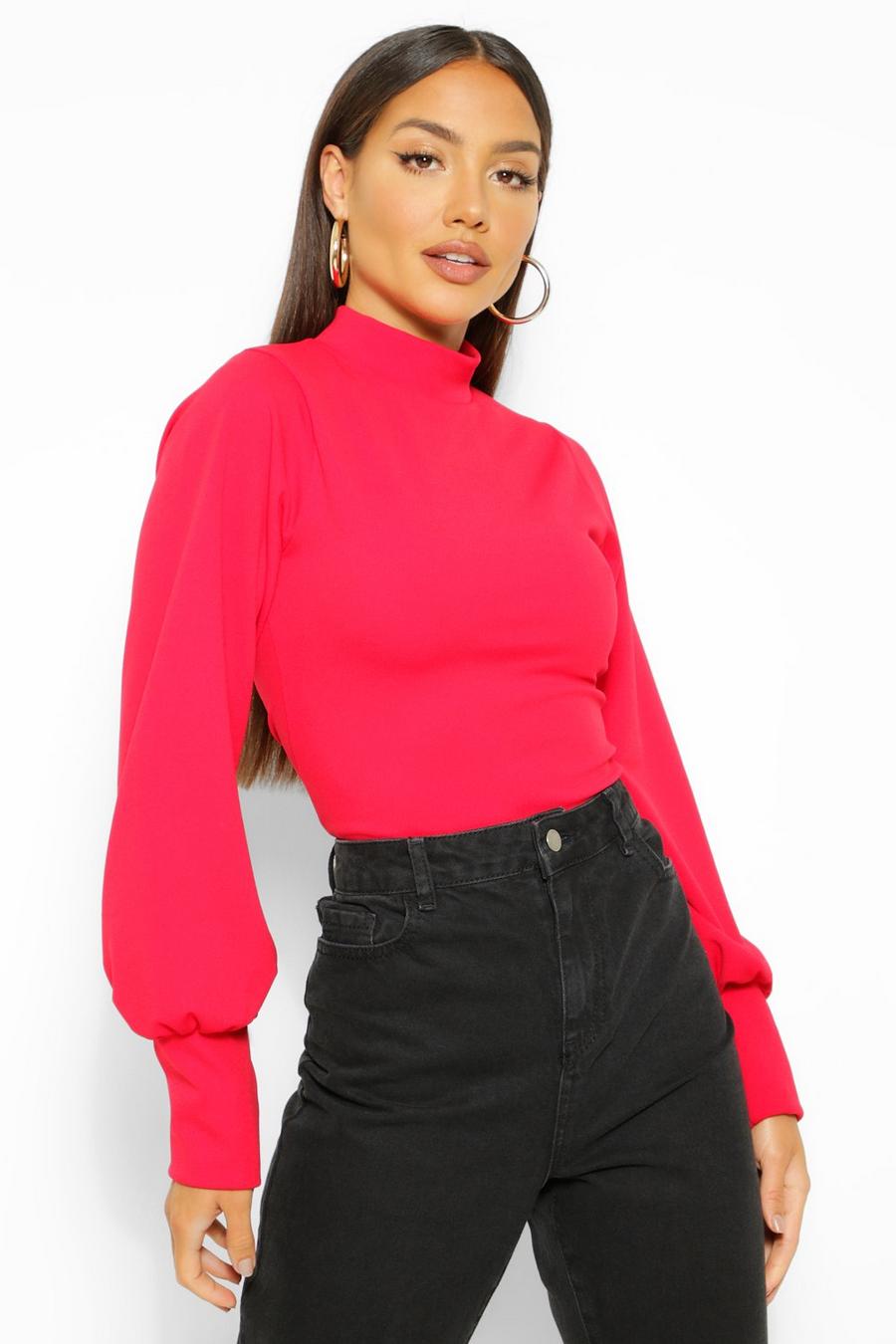 Red Crepe High Neck Oversized Sleeve Top image number 1