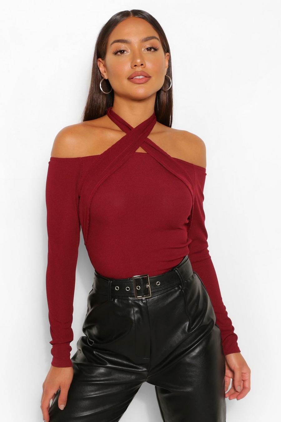 Berry Rib Cold Shoulder Wrap Top image number 1