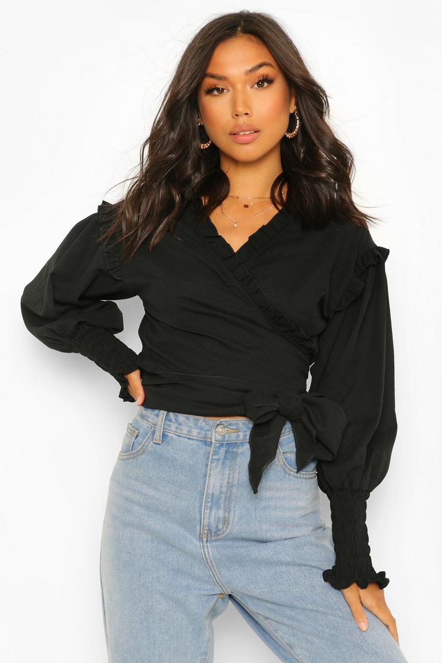 Black Woven Ruffle And Shirred Blouse image number 1