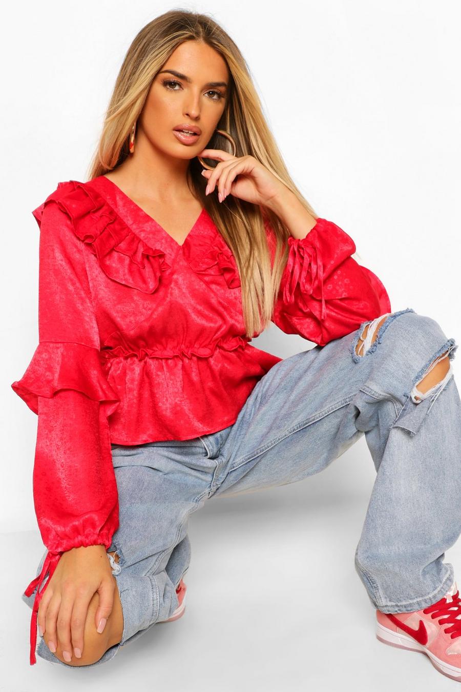 Red Jacquard Ruffle Blouse image number 1