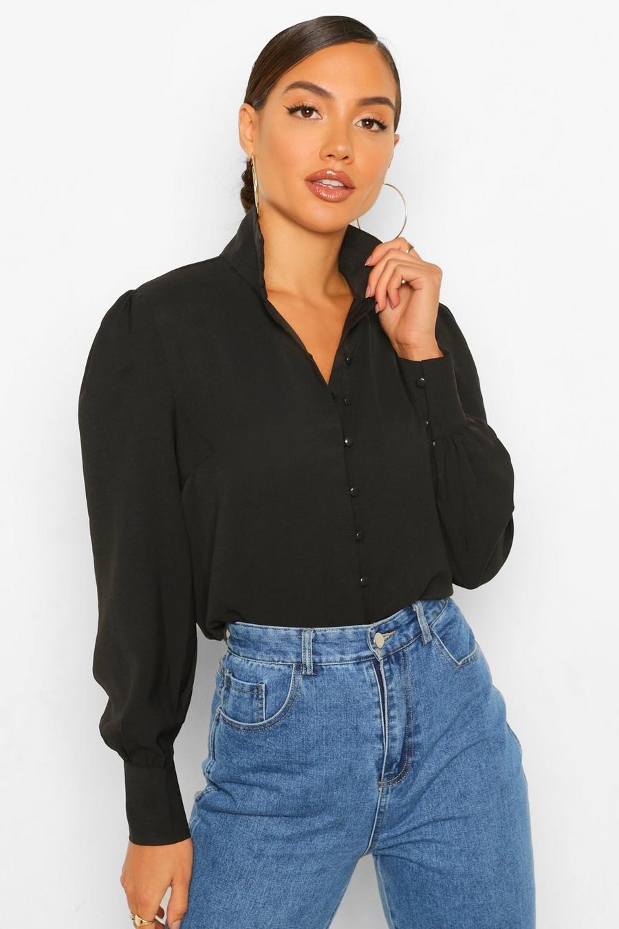 Black Woven Button Through High Neck Blouse image number 1
