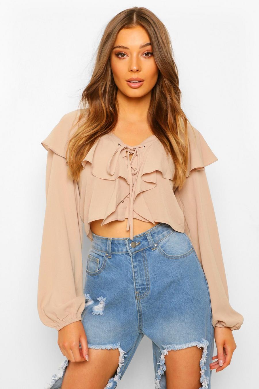 Stone Geweven Veter Blouse Met Ruches image number 1