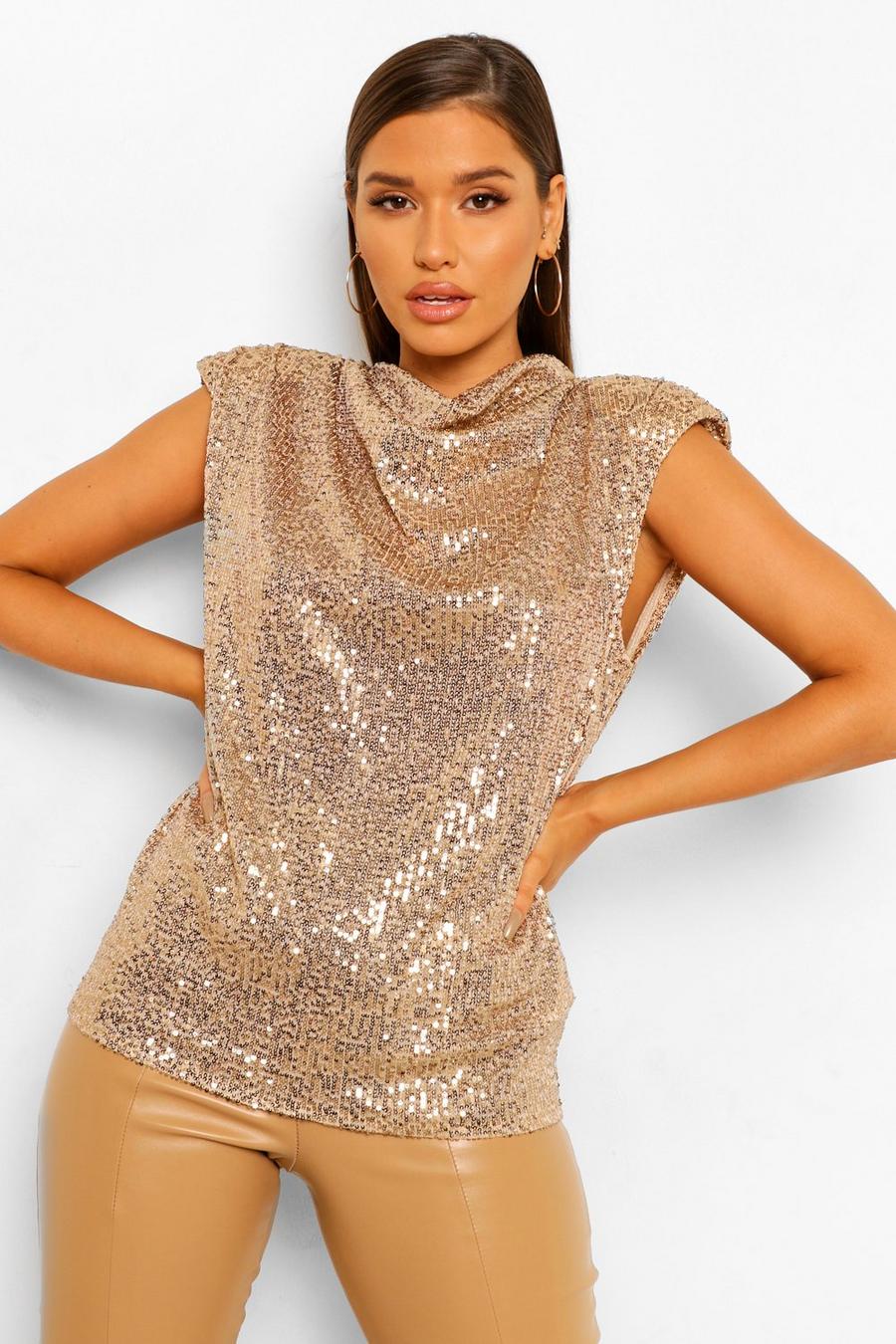 Gold Sequin Cowl Neck Top image number 1