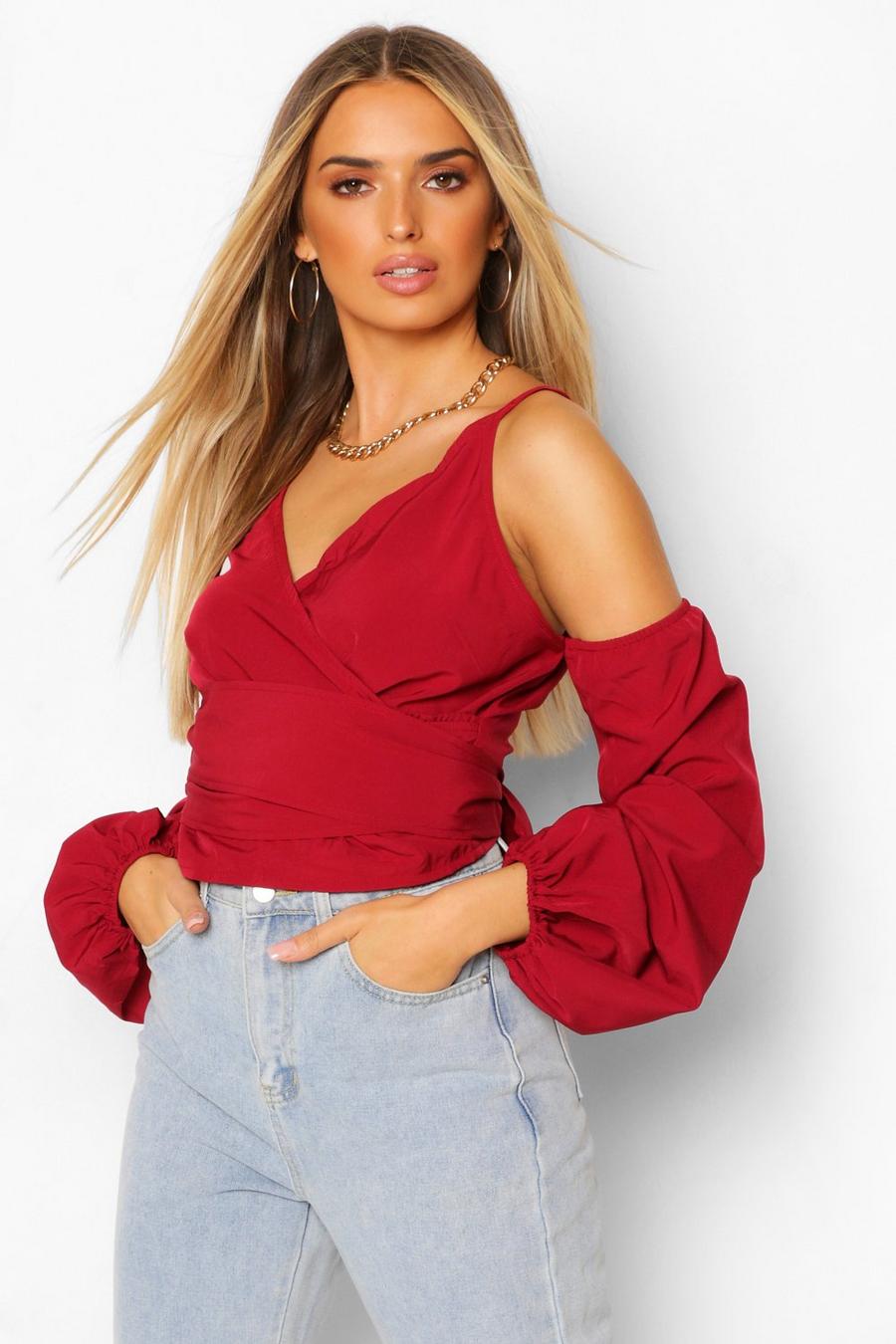 Women's Red Woven Cold Shoulder Wrap Top | Boohoo UK
