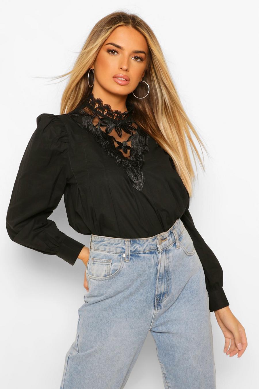 Black Lace Trim Pleated Blouse image number 1