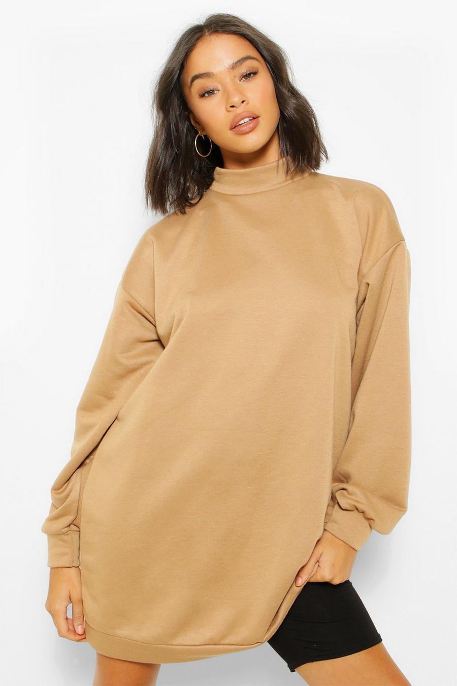 Camel High Neck Oversized Sweatshirt Dress image number 1