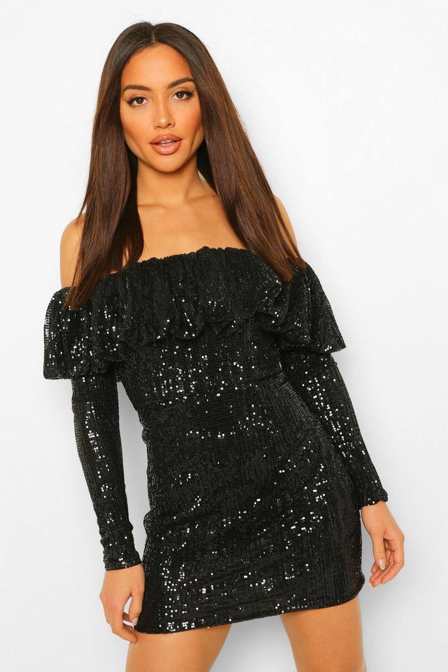 Black Sequin Frill Off The Shoulder Mini Dress image number 1