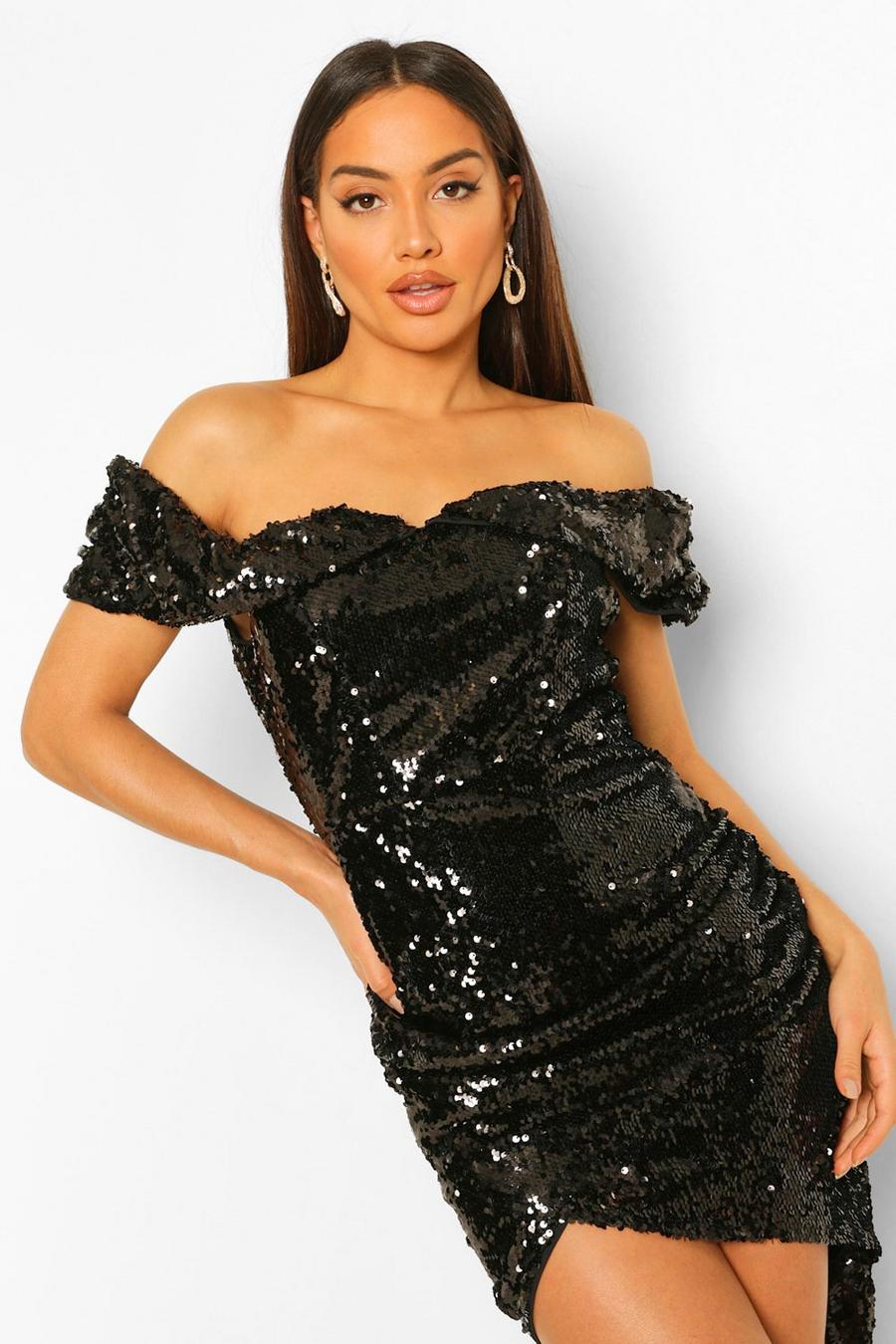 Black Sequin Draped Sleeve Ruched Midi Dress image number 1