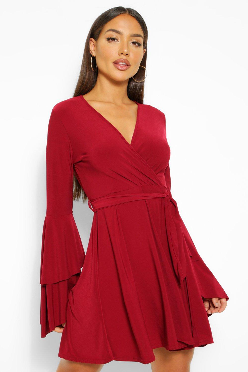 plunge neck flared sleeve skater dress