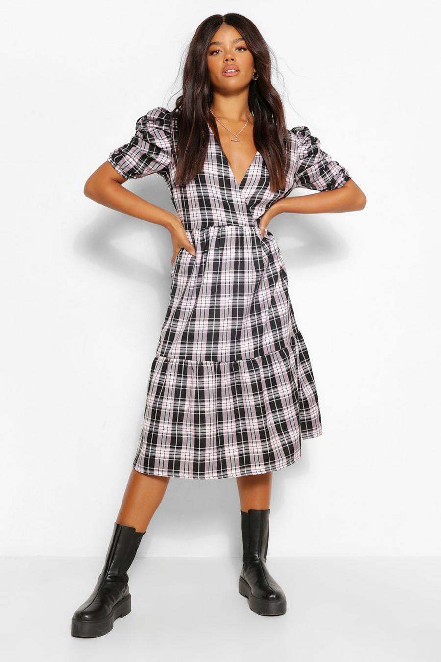 Pink Check Puff Sleeve Tiered Skater Dress image number 1