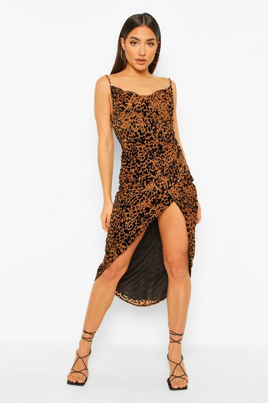 Black Strappy Back Cowl Neck Devore Leopard Midi Dress image number 1