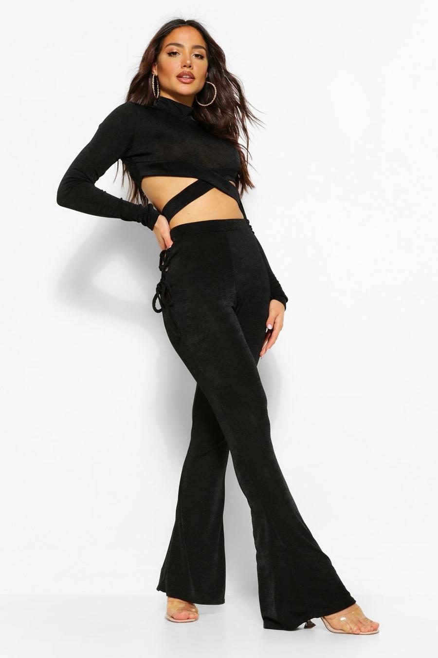 Black Lace Up Textured Slinky Flared Trousers image number 1