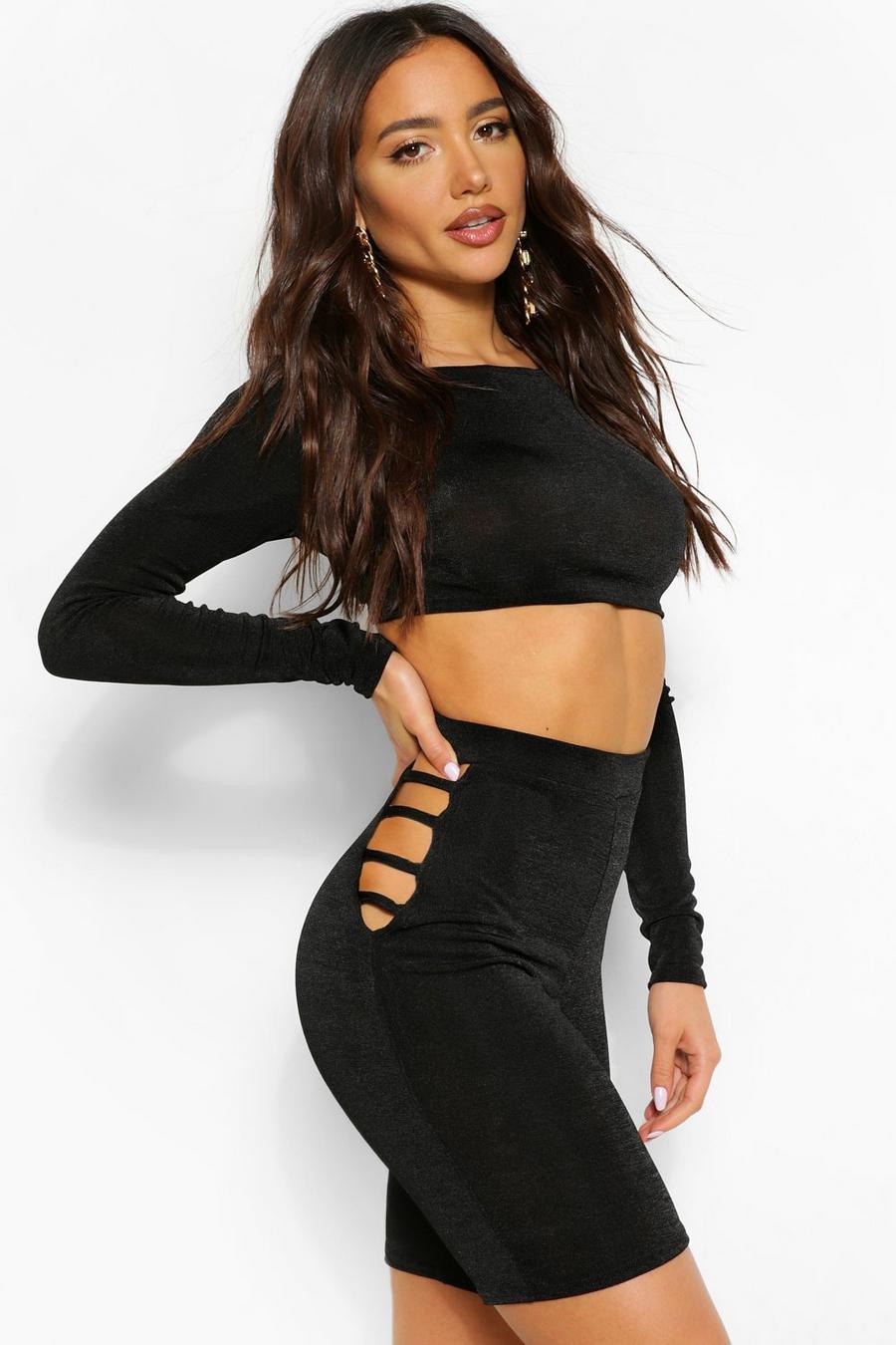 Black Cut Out Textured Slinky Cycle Shorts image number 1