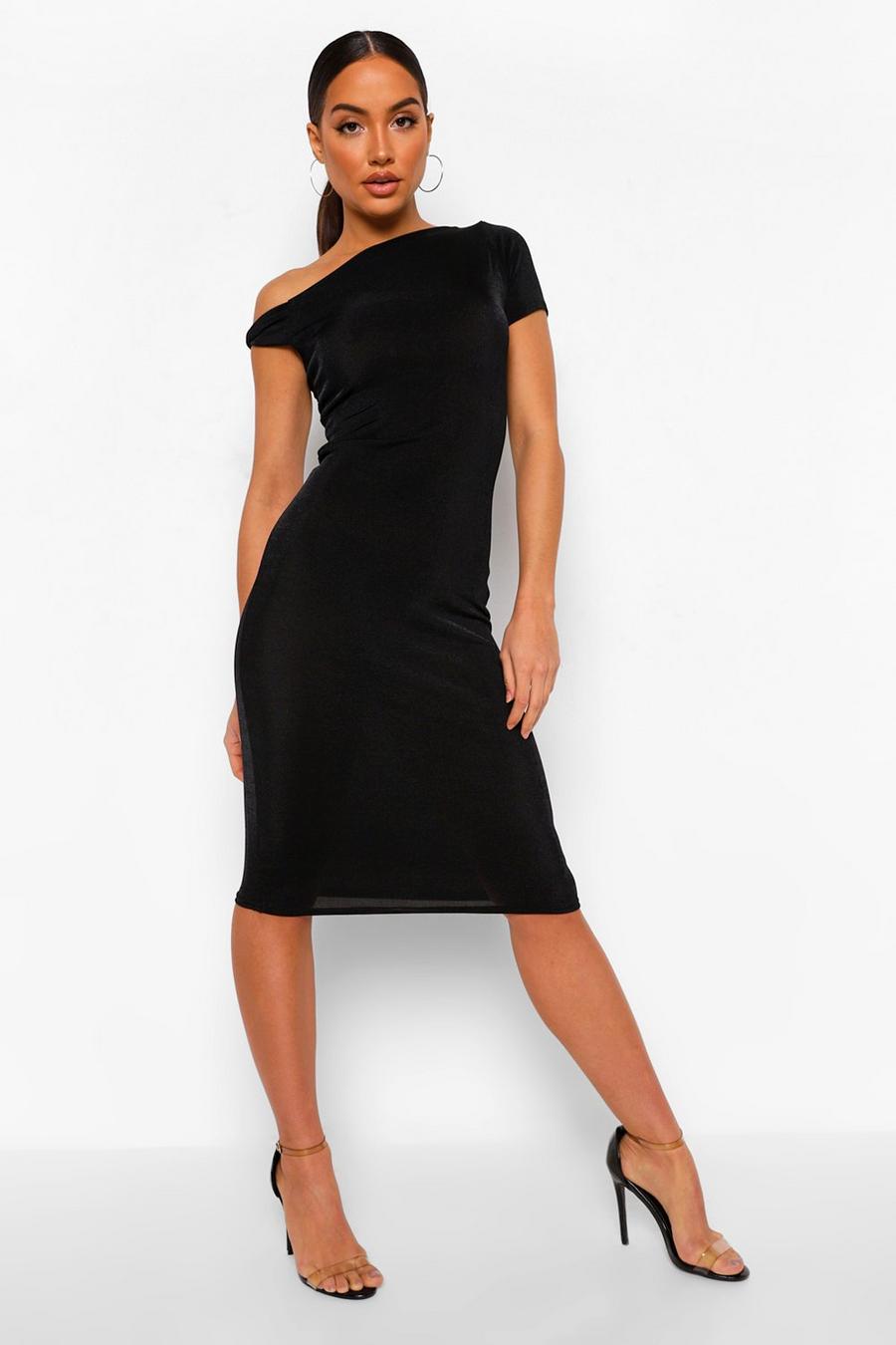 Off Shoulder Textured Slinky Midi Dress, Black image number 1