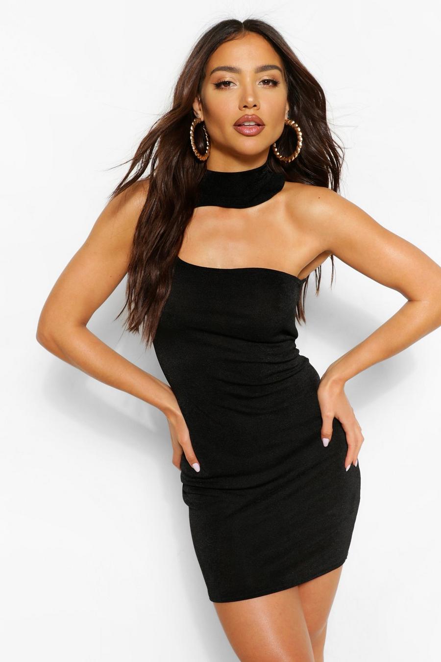 Black Asymmetric Cut Out Textured Slinky Mini Dress image number 1