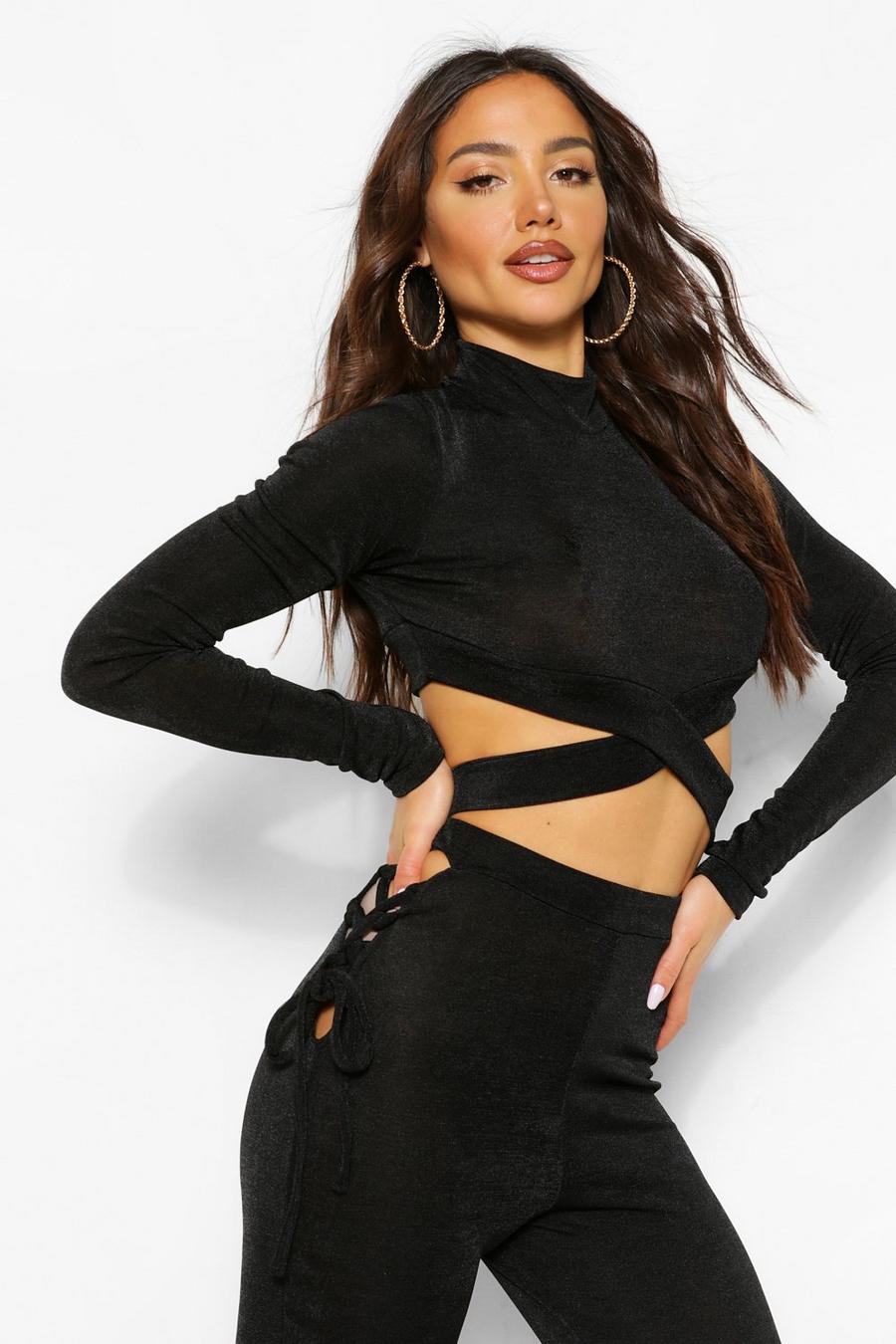 Black Cut Out Textured Slinky Crop Top image number 1
