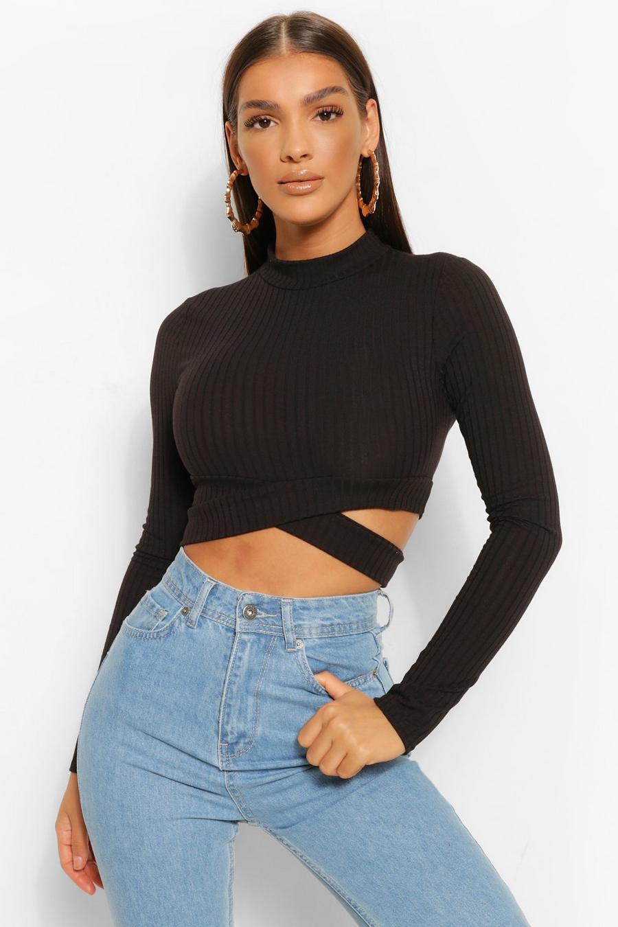 Black Soft Rib High Neck Cut Out Top image number 1