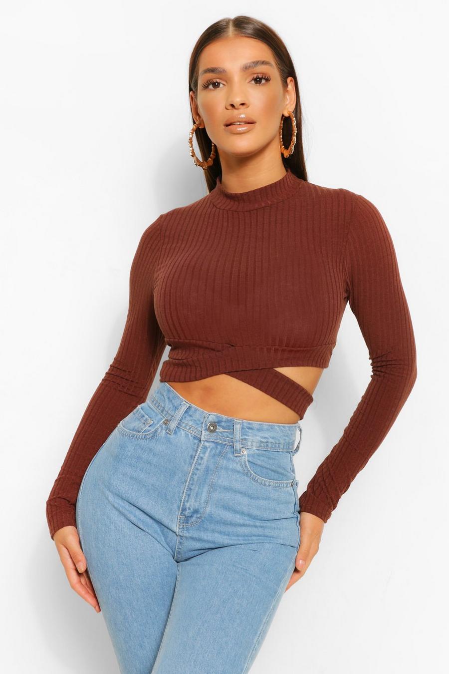 Brown Soft Rib High Neck Cut Out Top image number 1
