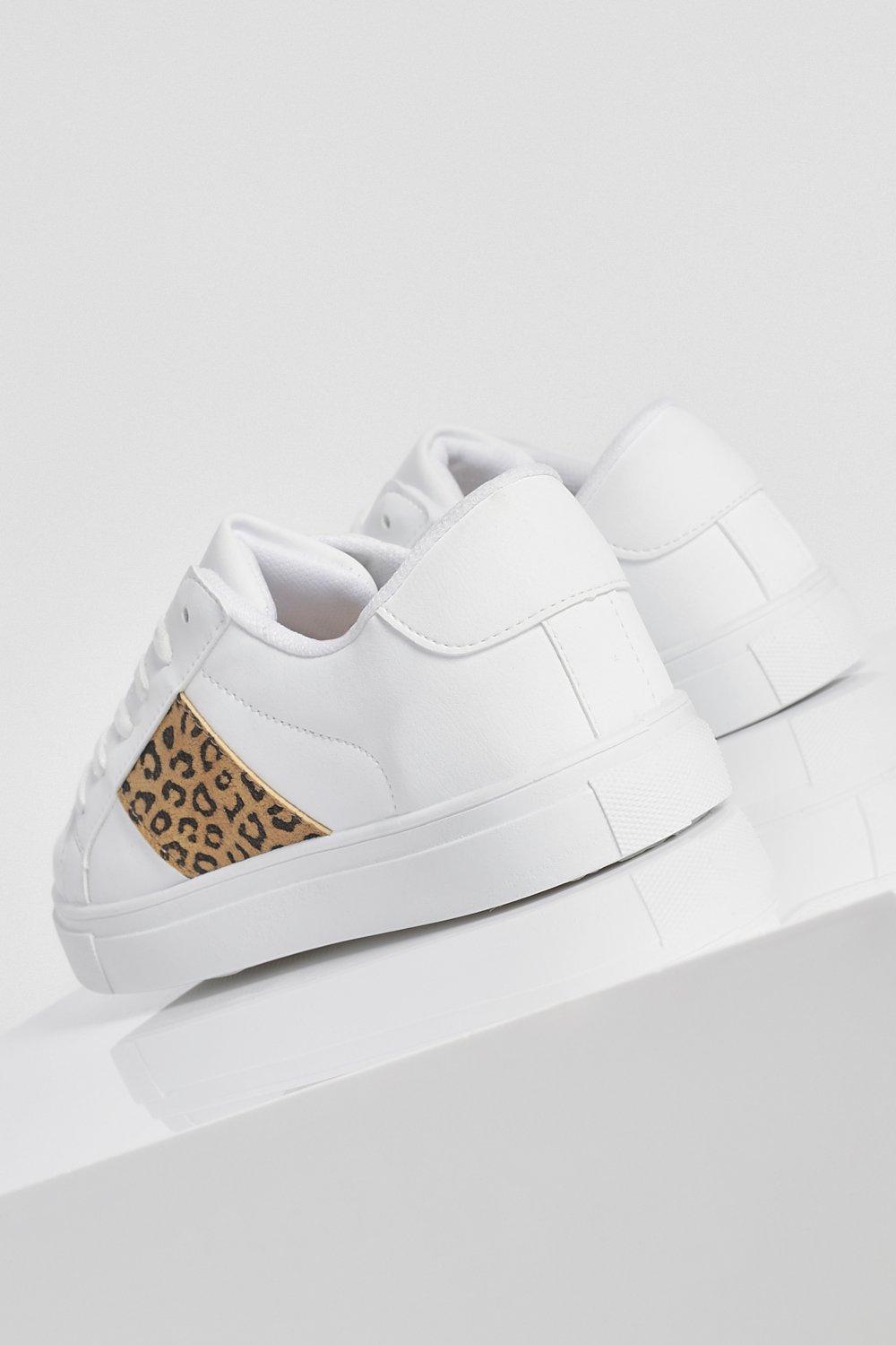 White trainers with leopard cheap print stripe