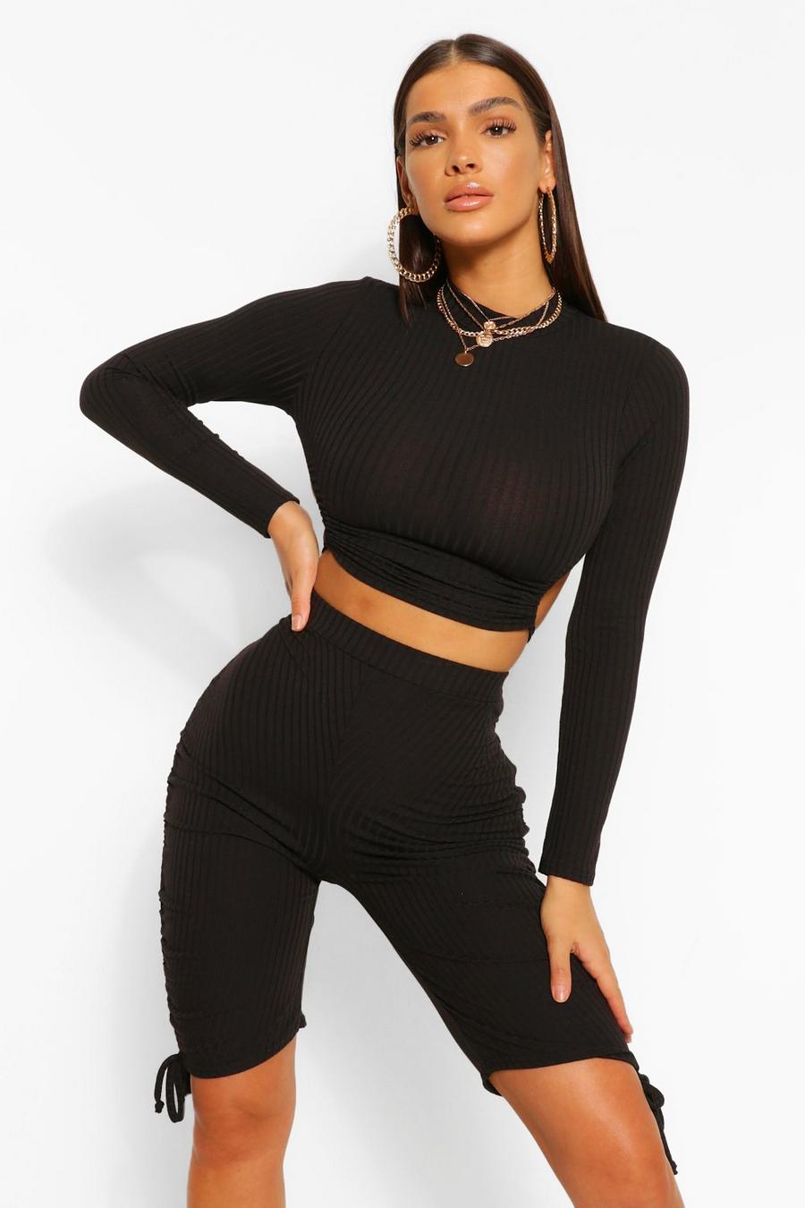 Black Soft Rib Ruched Backless Crop Top image number 1