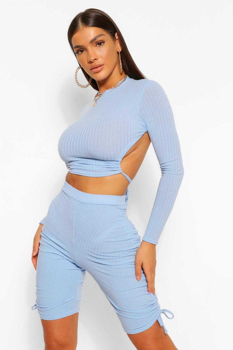 Blue Soft Rib Ruched Backless Crop Top image number 1