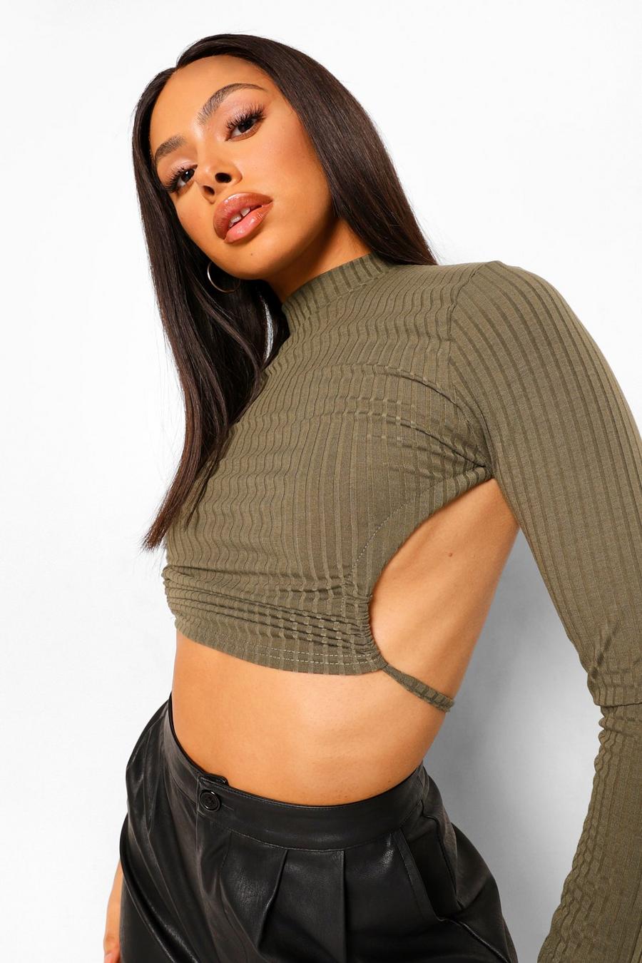 Khaki Soft Rib Ruched Backless Crop Top image number 1