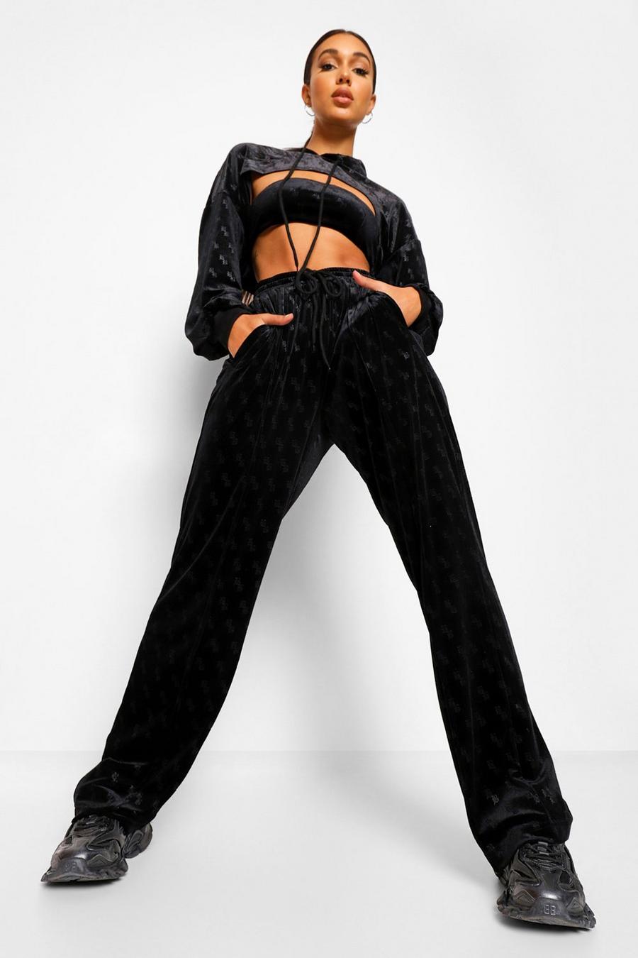 שחור nero מכנסי ריצה דמויי קטיפה בגזרה רחבה עם תבליט B image number 1