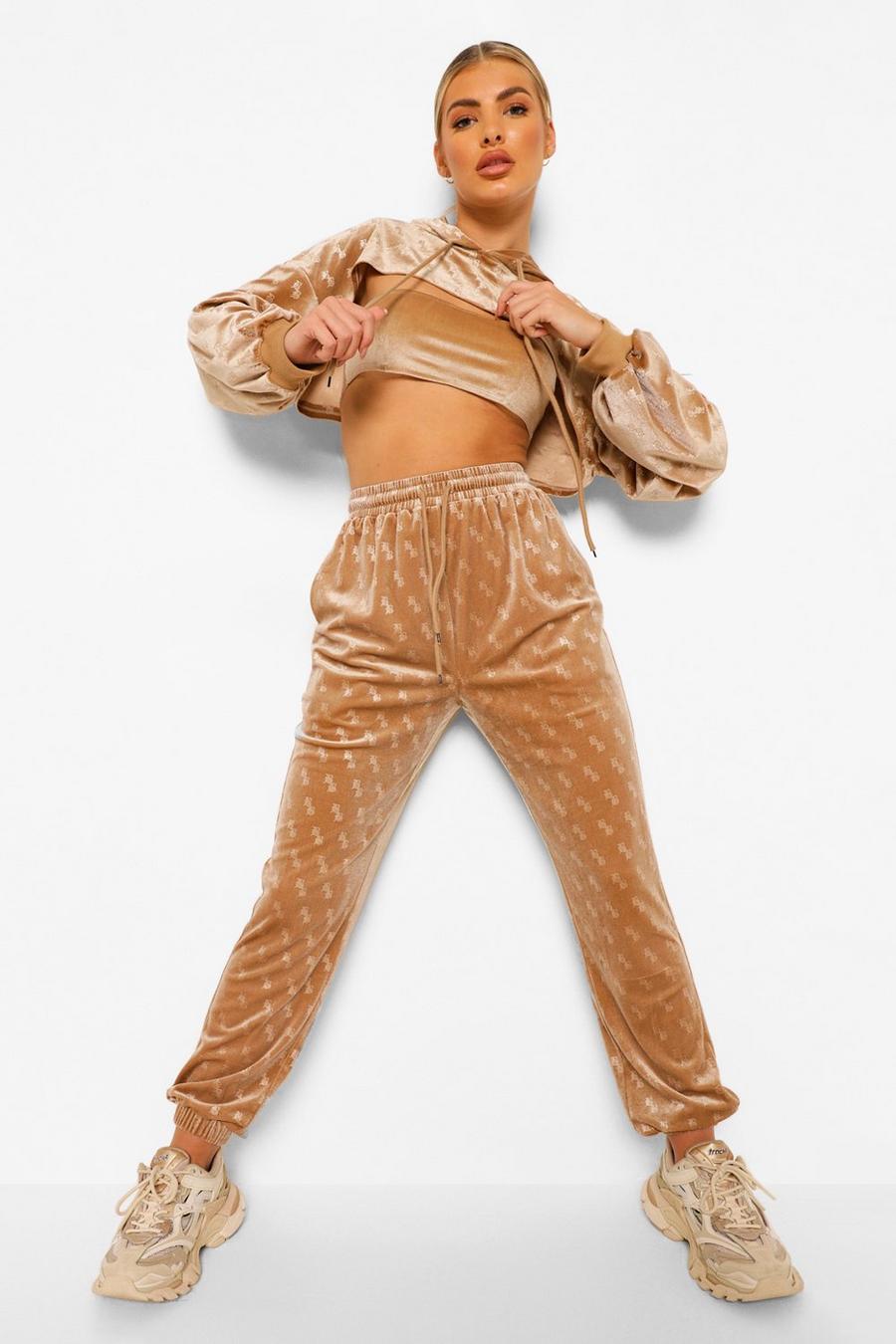 Champagne B Embossed Velour Track Pantss image number 1