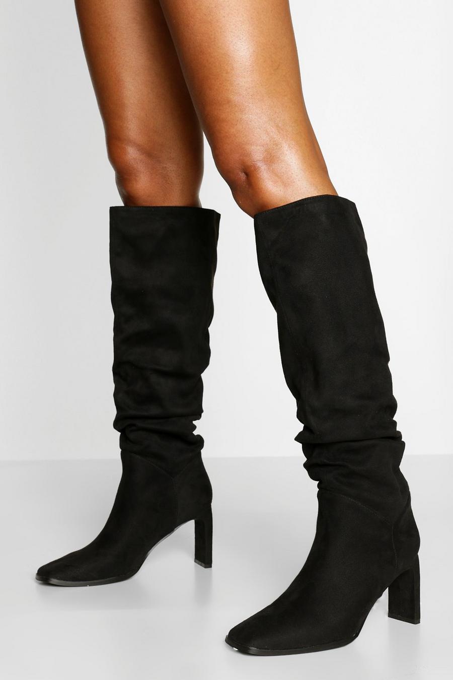 Black Flat Heel Slouched Knee High Boots image number 1
