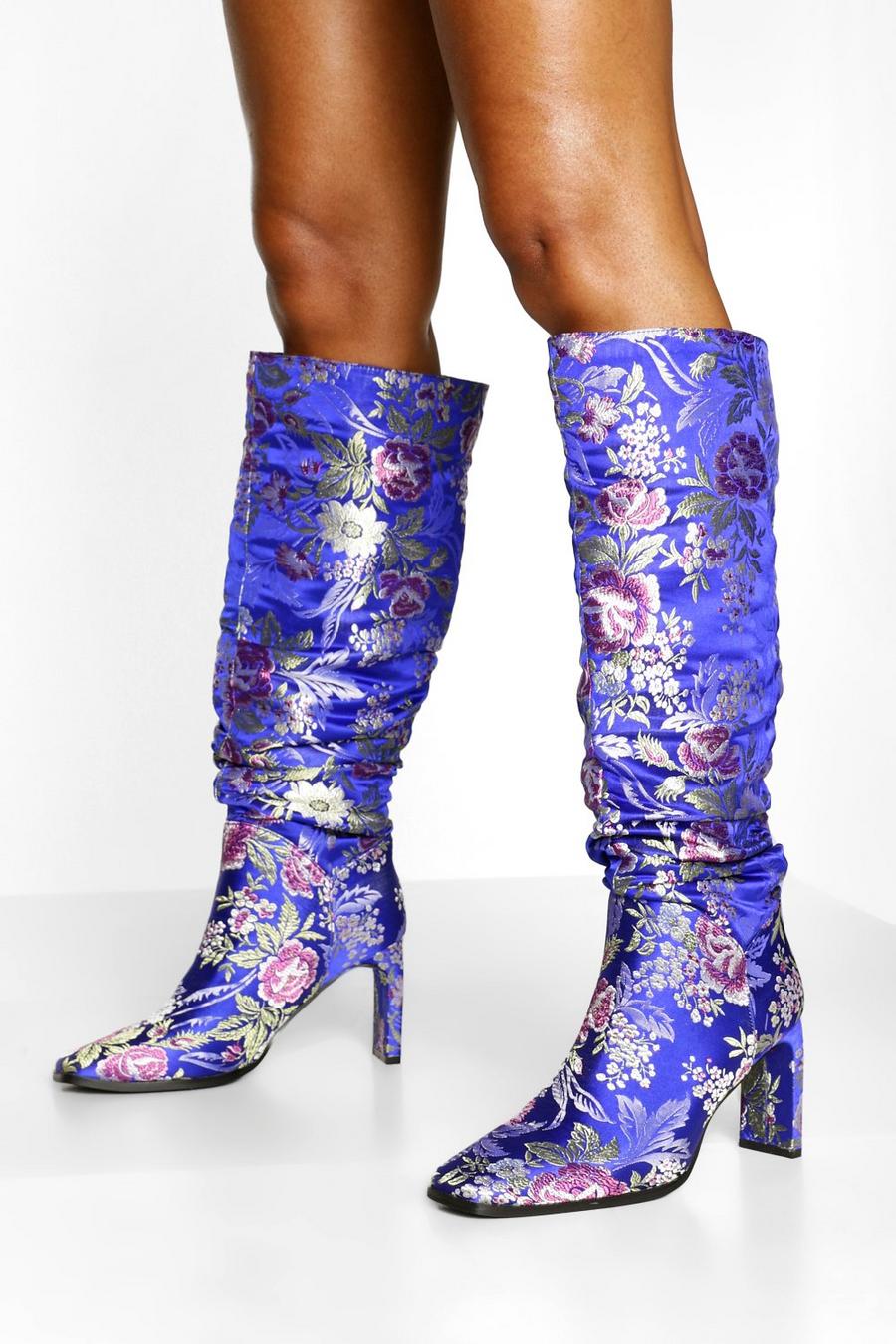Blue Jacquard Flat Heel Slouched Knee High Boots image number 1