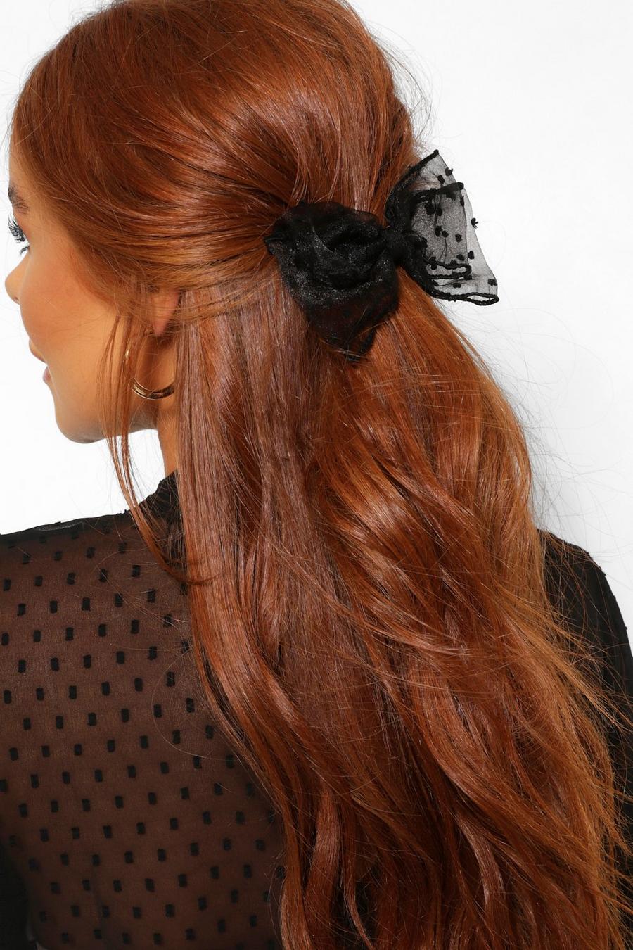 Pinza per capelli con fiocco in rete velata con pallini in rilievo, Nero image number 1