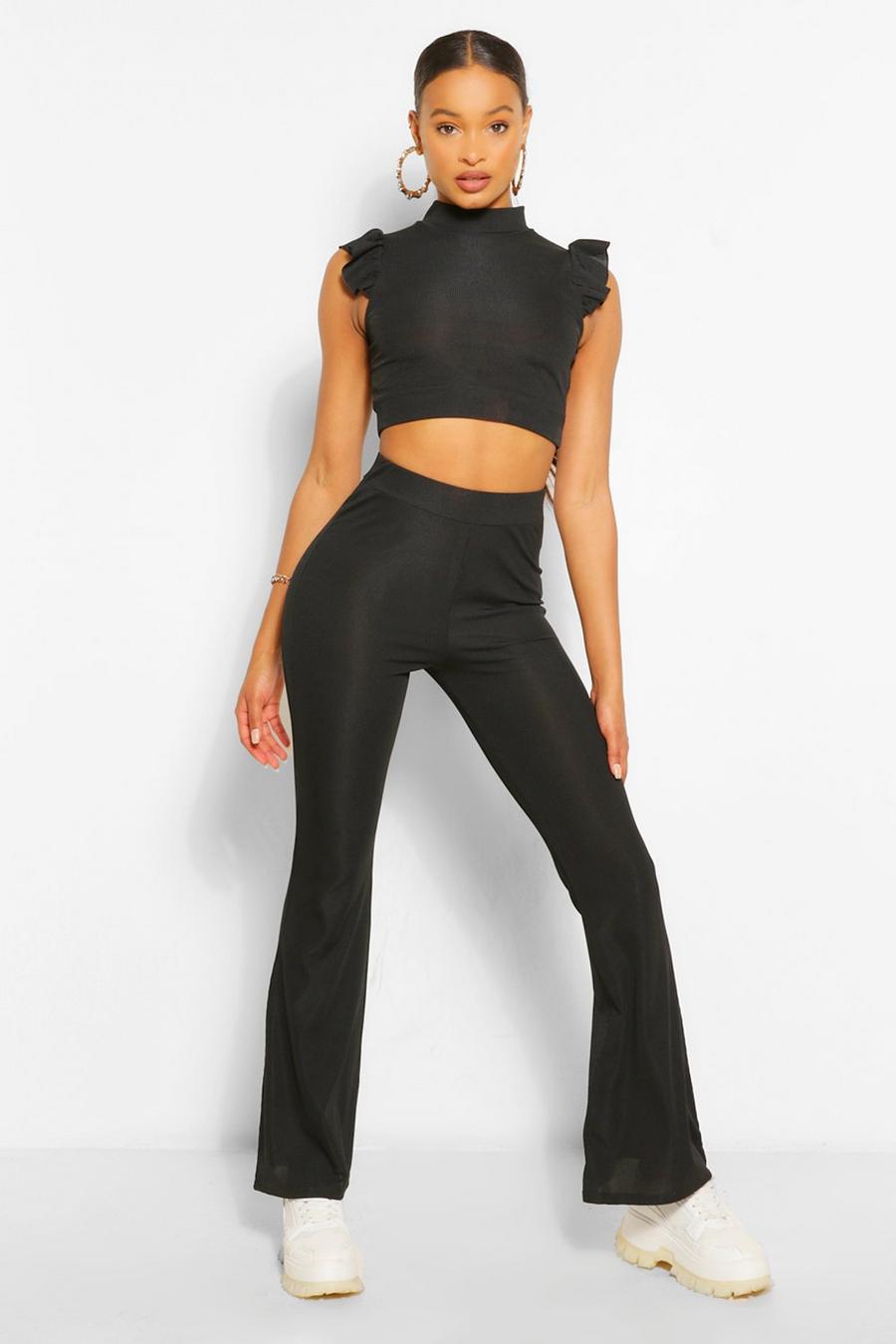 Black Frill Shoulder Top And Flare Pants Two-Piece image number 1